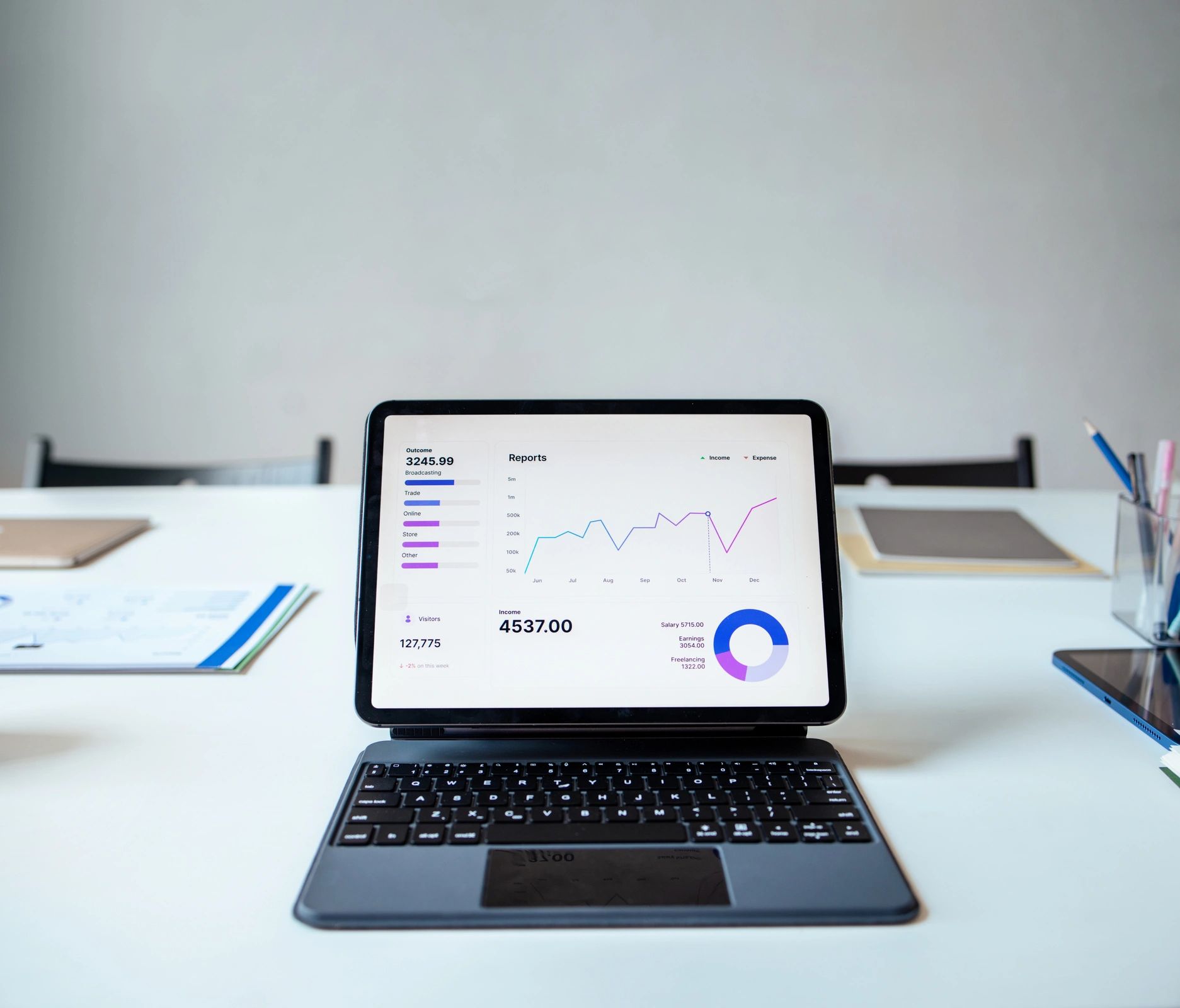 Tablet displaying business analytics on a modern desk
