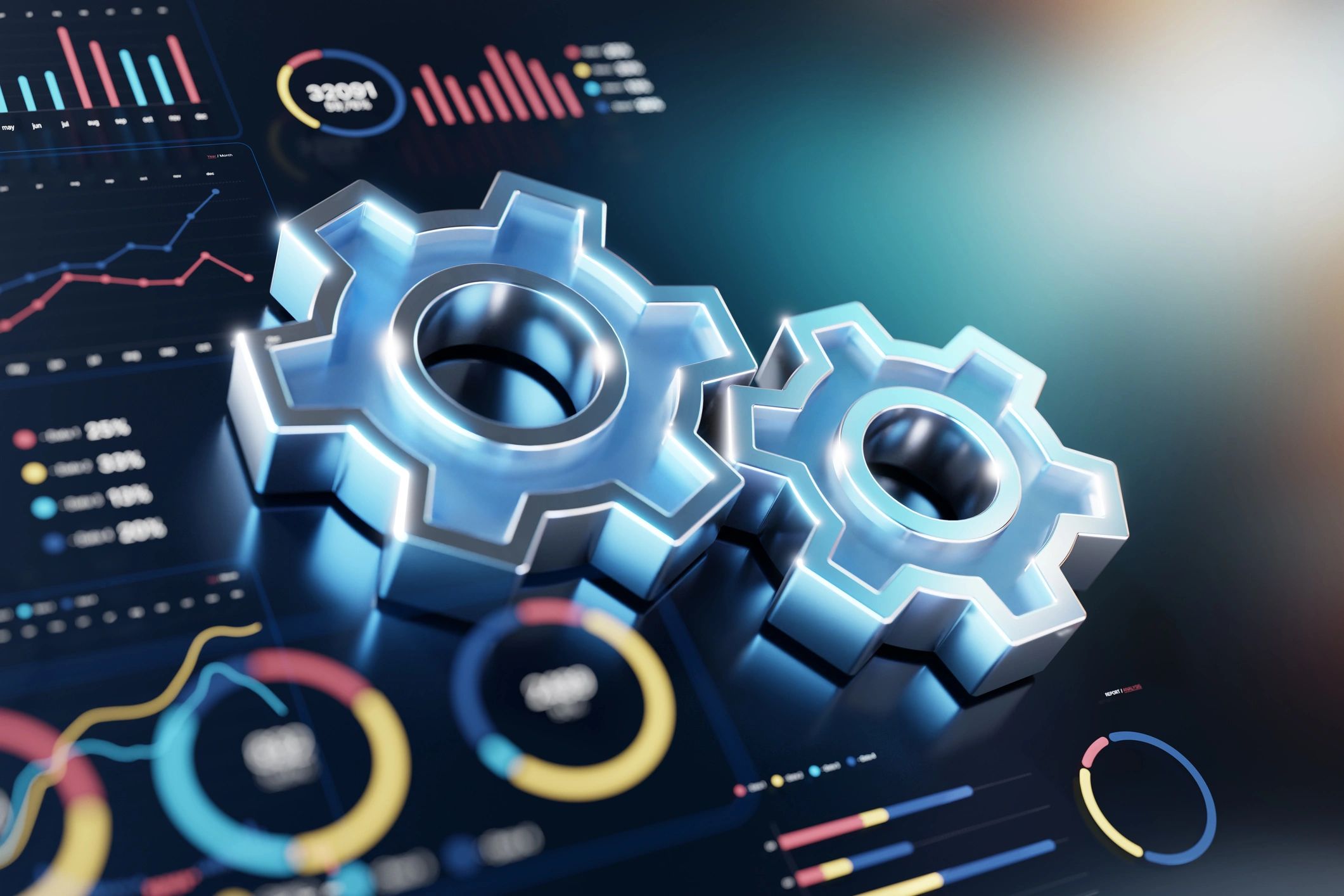 Digital gears and data visualisations representing automation